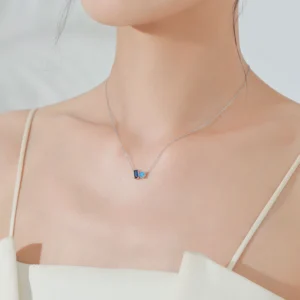 Rectangular Round Blue Zircon Necklace 925 Sterling Silver