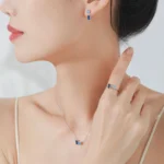 Rectangular Round Blue Zircon Necklace 925 Sterling Silver