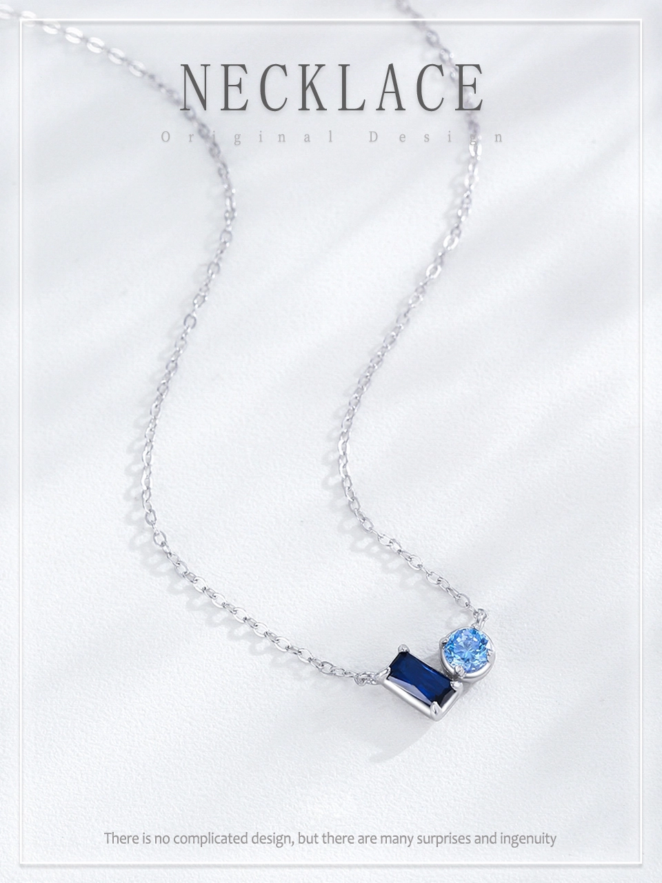 Rectangular Round Blue Zircon Necklace 925 Sterling Silver
