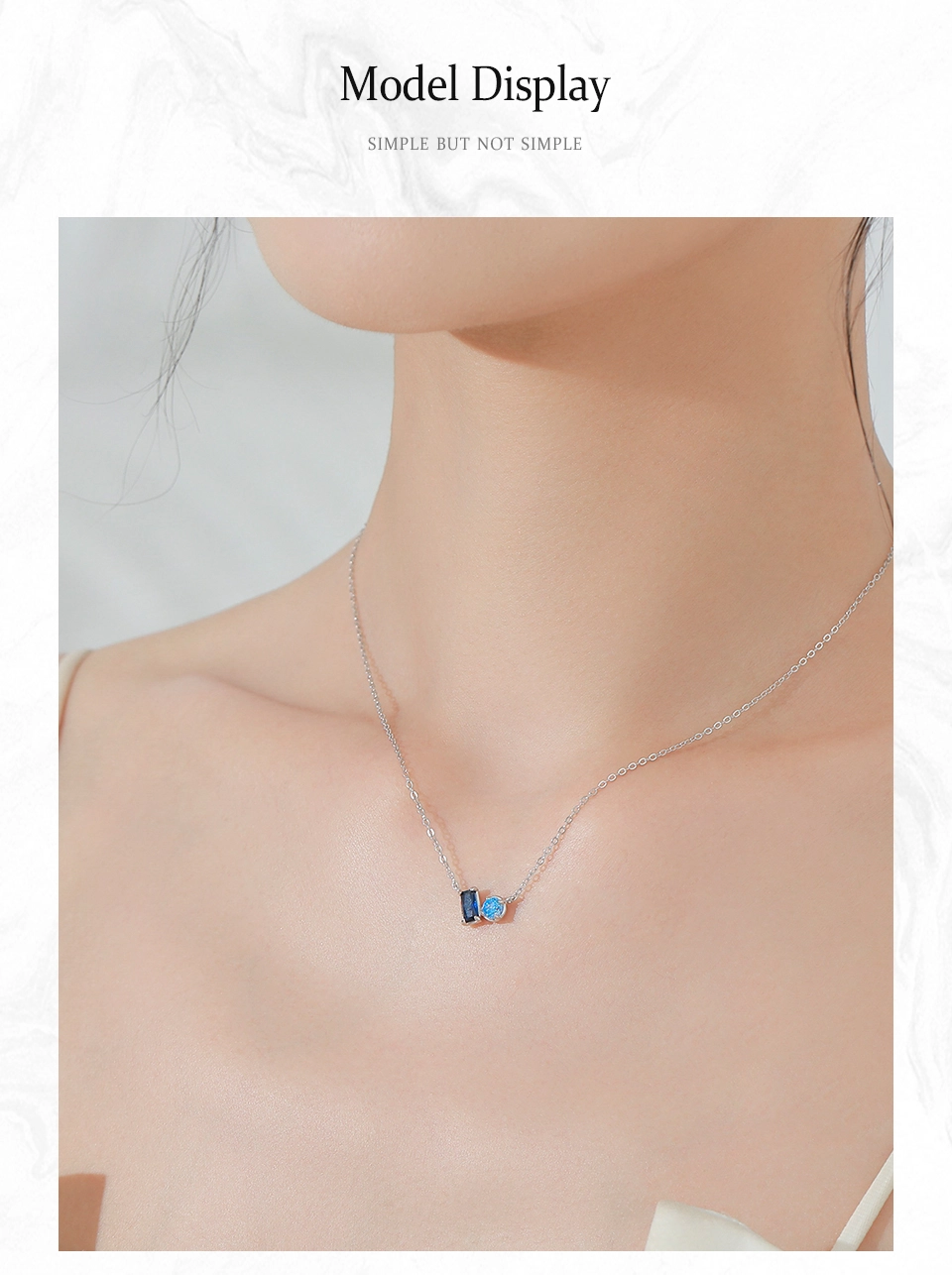 Rectangular Round Blue Zircon Necklace 925 Sterling Silver
