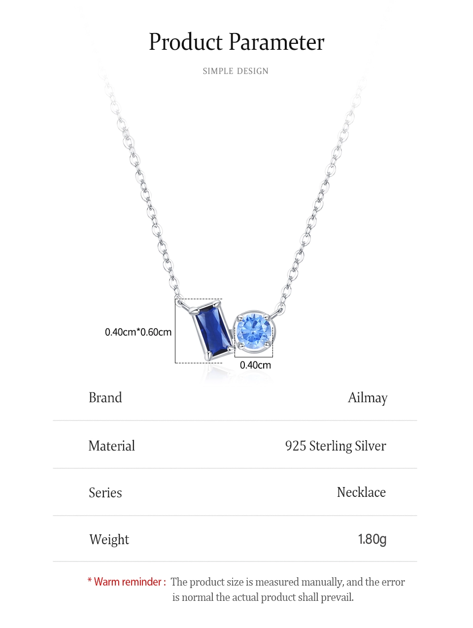 Rectangular Round Blue Zircon Necklace 925 Sterling Silver
