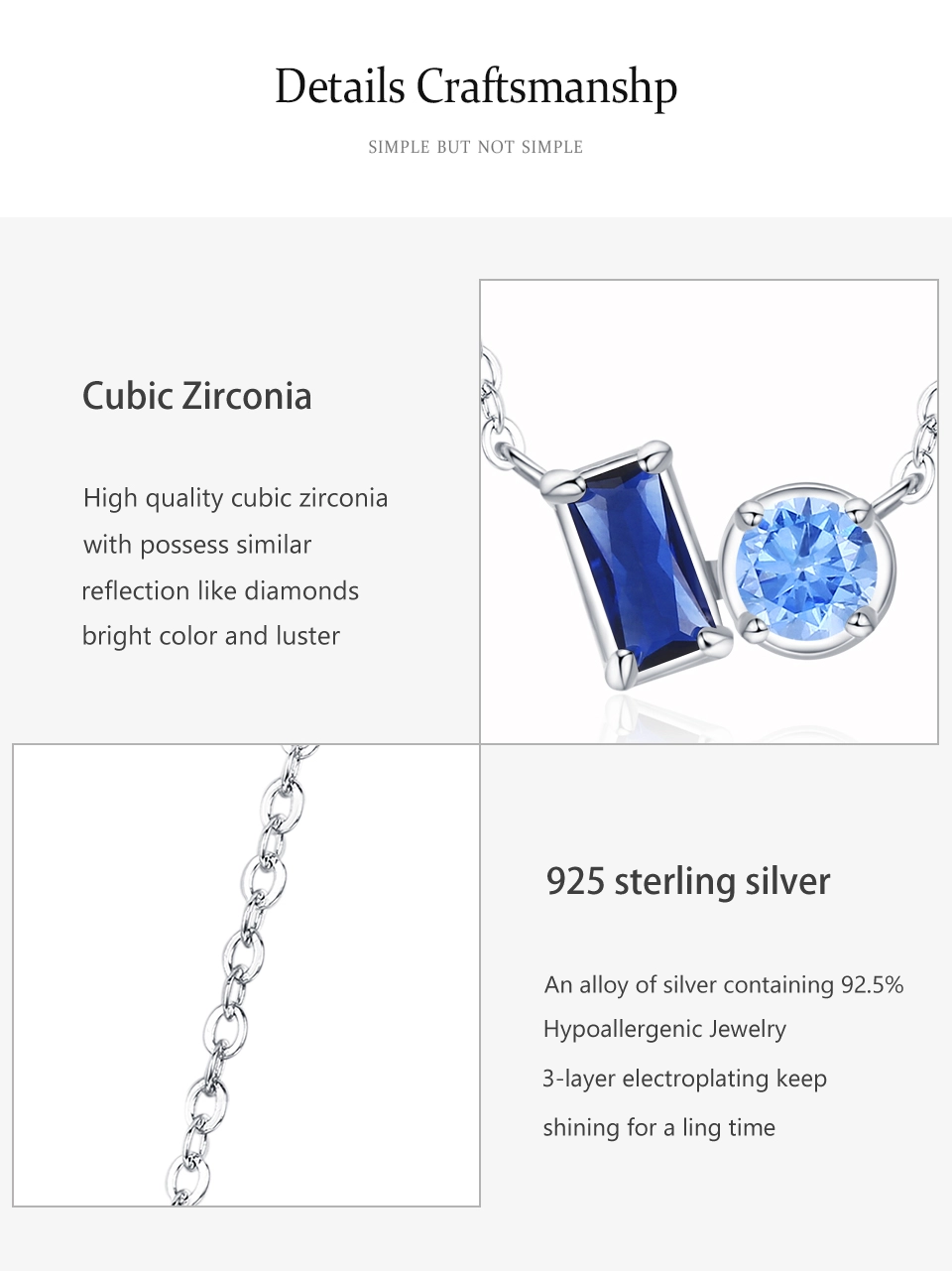 Rectangular Round Blue Zircon Necklace 925 Sterling Silver