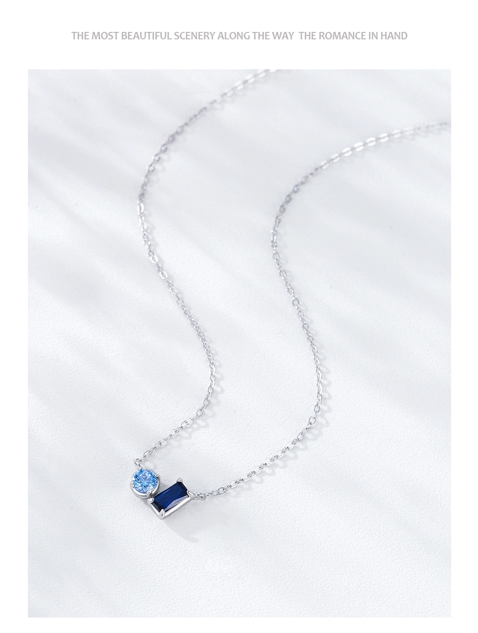 Rectangular Round Blue Zircon Necklace 925 Sterling Silver