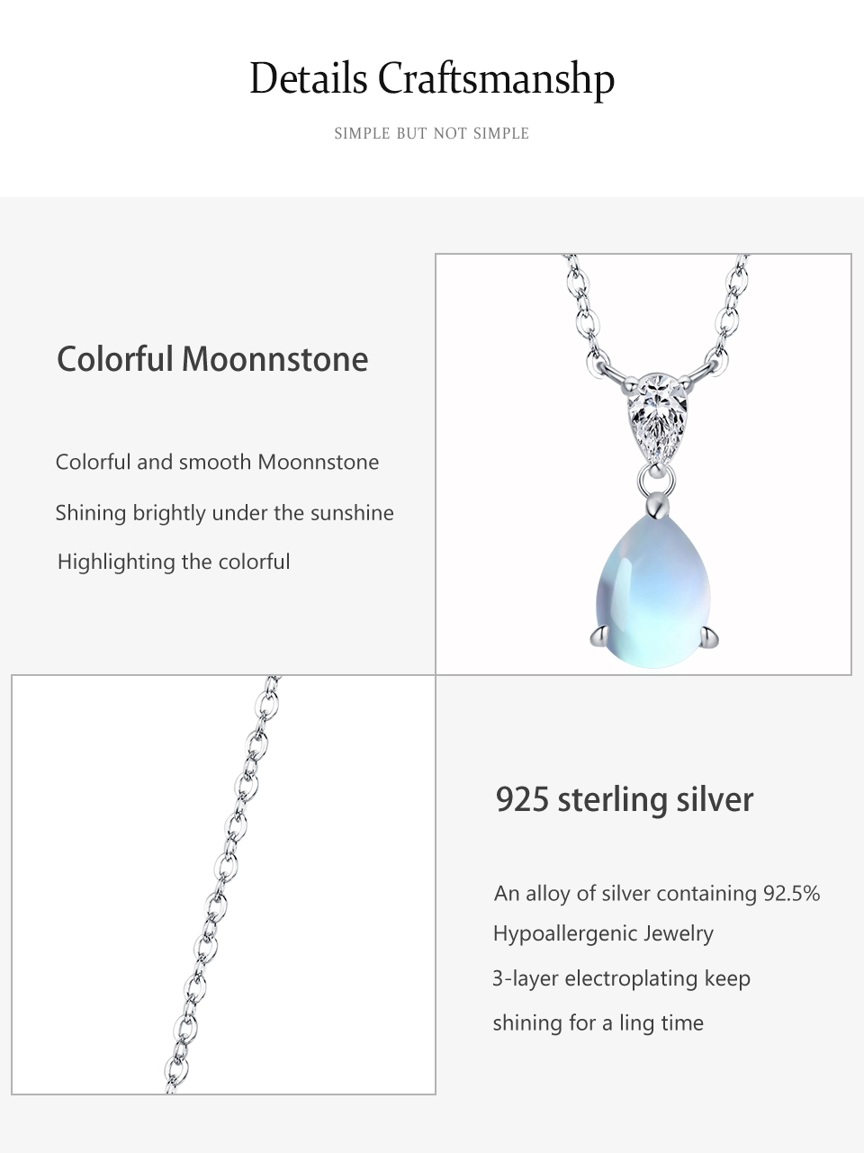 Water Drop Moonstone Pendant Necklaces Sterling Silver