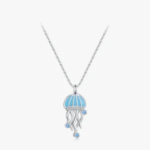 Blue CZ Jellyfish Enamel Pendant Necklace Sterling Silver