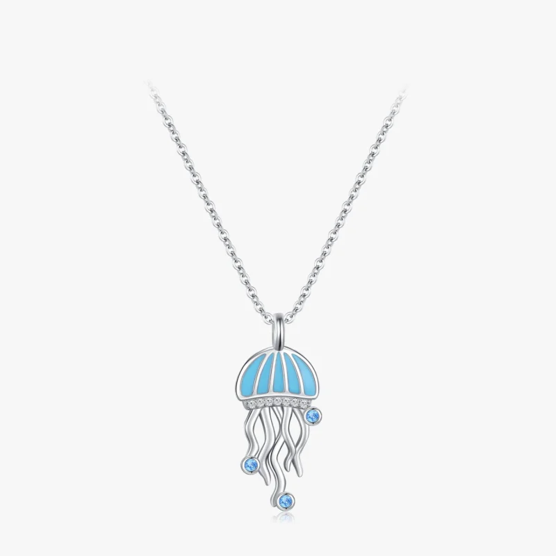 Blue CZ Jellyfish Enamel Pendant Necklace Sterling Silver