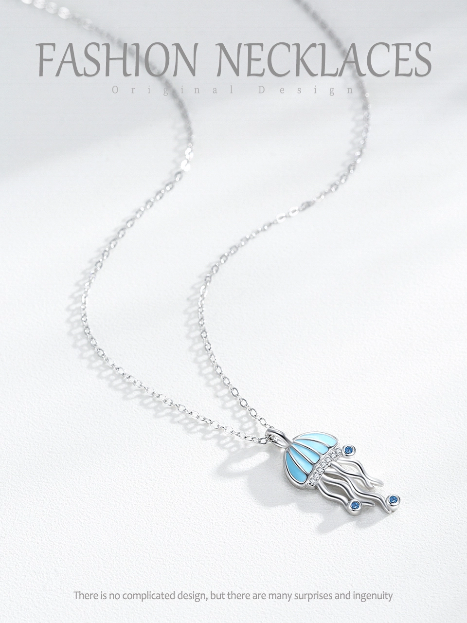 Blue CZ Jellyfish Enamel Pendant Necklace Sterling Silver