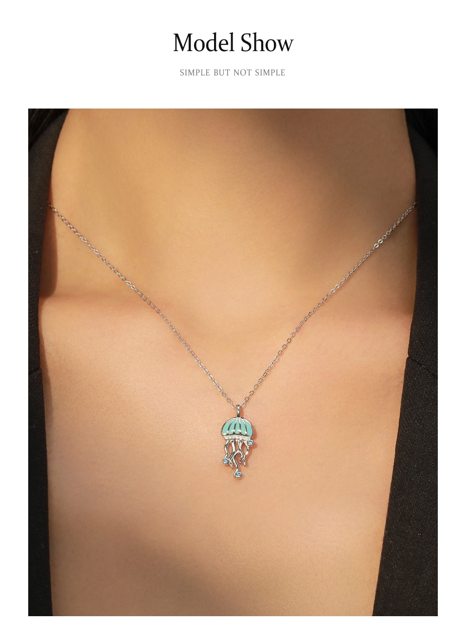 Blue CZ Jellyfish Enamel Pendant Necklace Sterling Silver