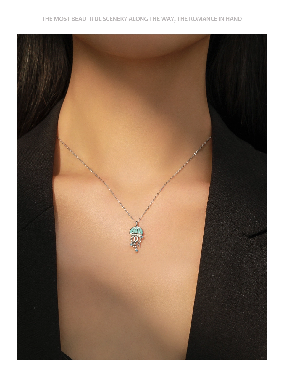 Blue CZ Jellyfish Enamel Pendant Necklace Sterling Silver