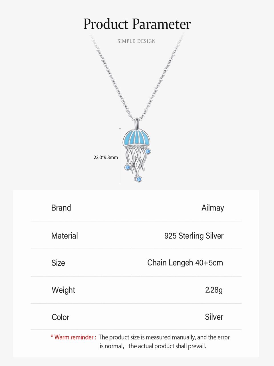Blue CZ Jellyfish Enamel Pendant Necklace Sterling Silver