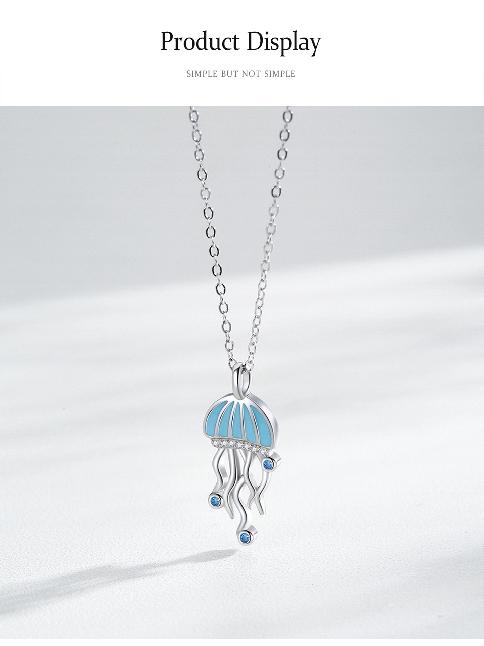 Blue CZ Jellyfish Enamel Pendant Necklace Sterling Silver