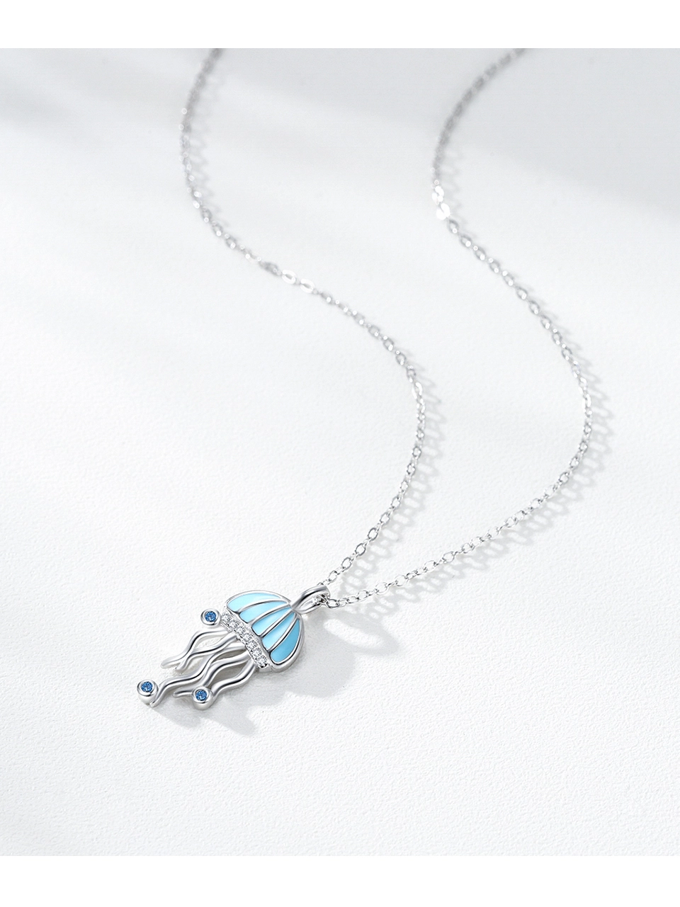 Blue CZ Jellyfish Enamel Pendant Necklace Sterling Silver