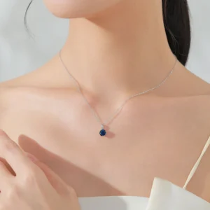 Blue Round Pendant Necklace Sterling Silver Classic