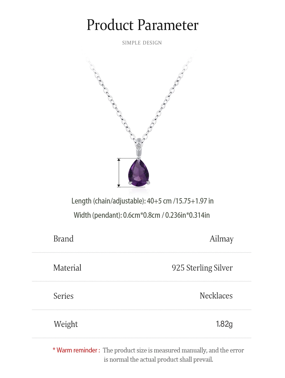 Purple Zircon Waterdrop Pendant Necklaces Sterling Silver