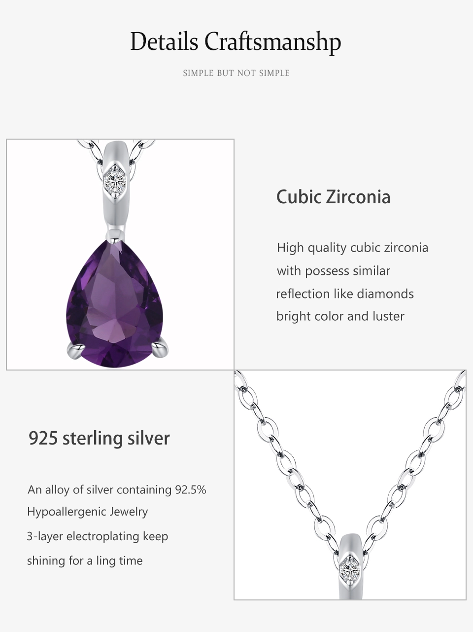Purple Zircon Waterdrop Pendant Necklaces Sterling Silver