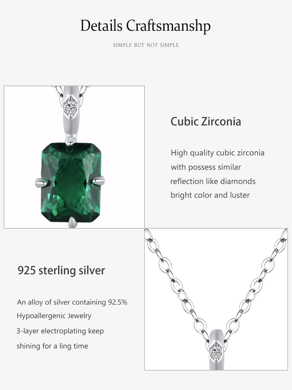 Rectangular Green Zircon Pendant Necklace 925 Sterling Silver