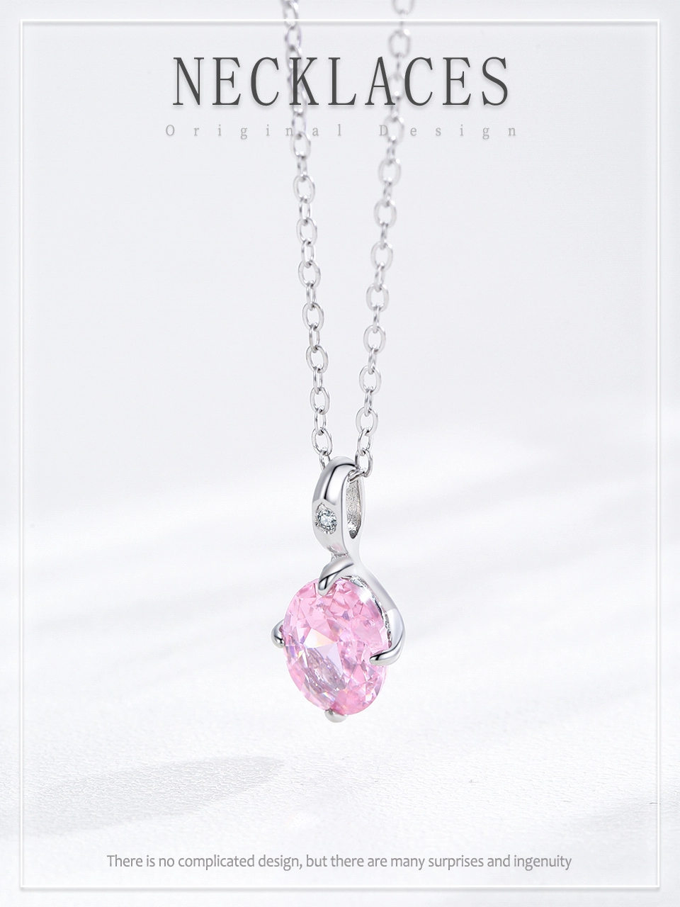 Romantic Pink Oval Zircon Pendant Necklace Sterling Silver