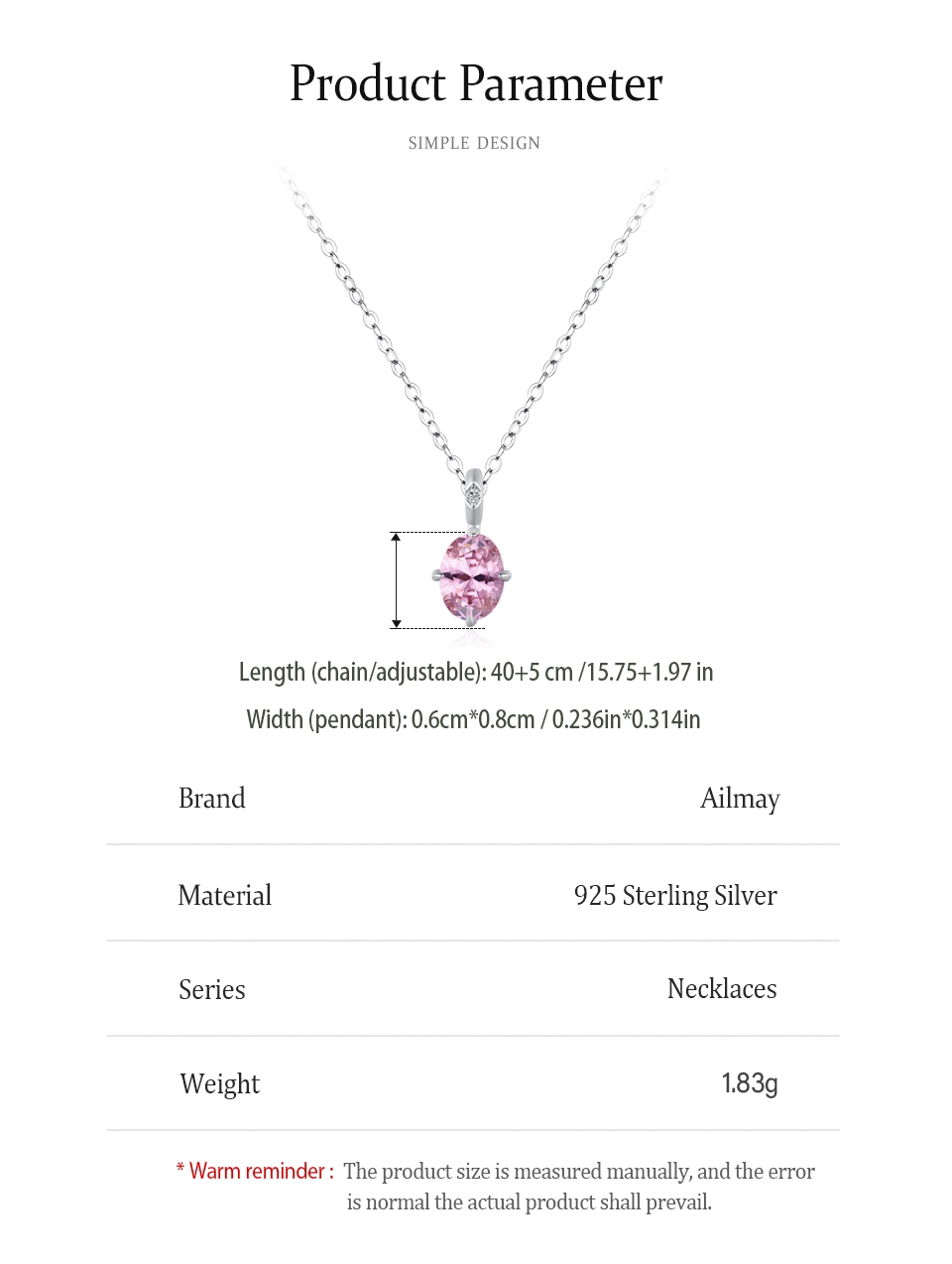 Romantic Pink Oval Zircon Pendant Necklace Sterling Silver