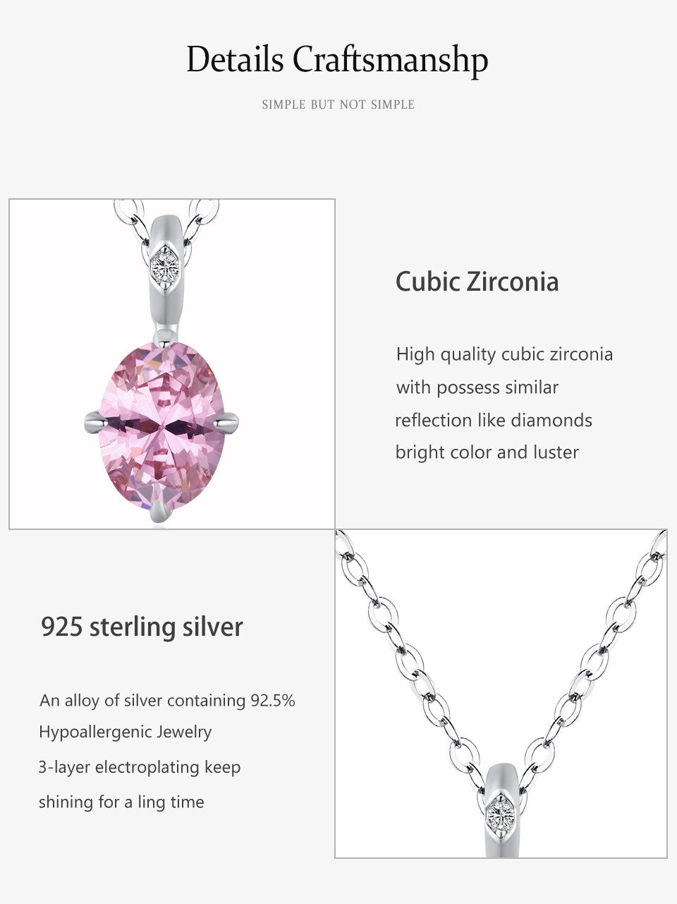 Romantic Pink Oval Zircon Pendant Necklace Sterling Silver