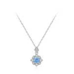 Sea Blue Zircon Flower Pendant Necklace Sterling Silver