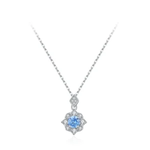 Sea Blue Zircon Flower Pendant Necklace Sterling Silver