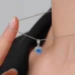 Sea Blue Zircon Flower Pendant Necklace Sterling Silver