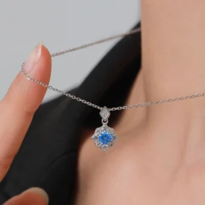 Sea Blue Zircon Flower Pendant Necklace Sterling Silver