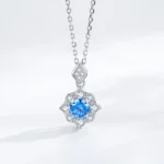 Sea Blue Zircon Flower Pendant Necklace Sterling Silver