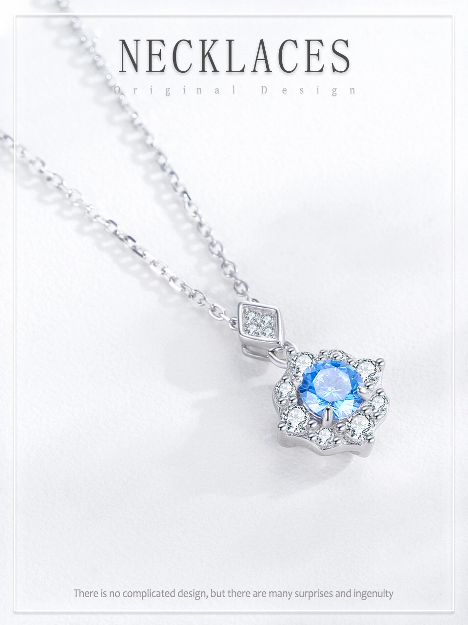 Sea Blue Zircon Flower Pendant Necklace Sterling Silver