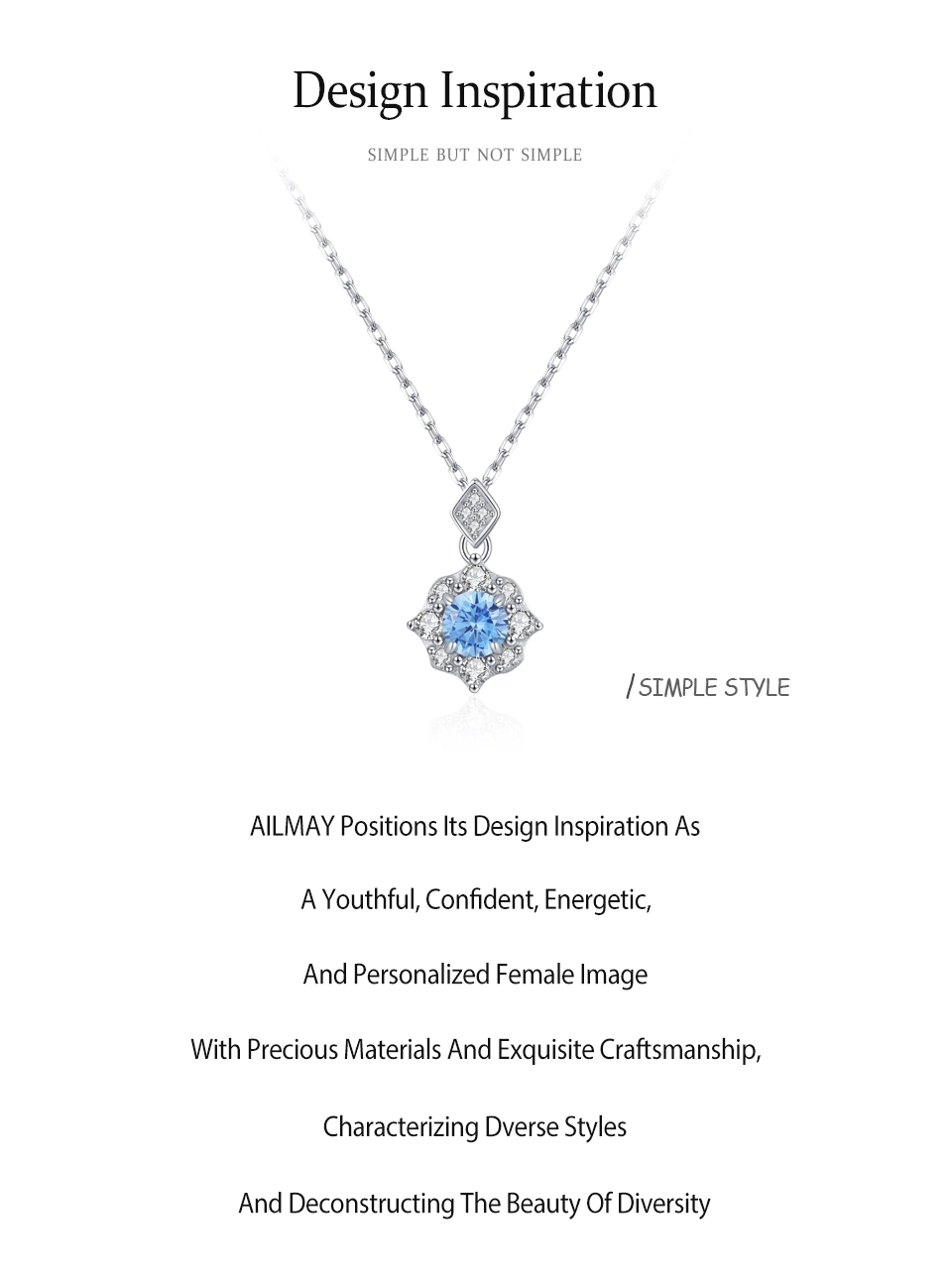 Sea Blue Zircon Flower Pendant Necklace Sterling Silver