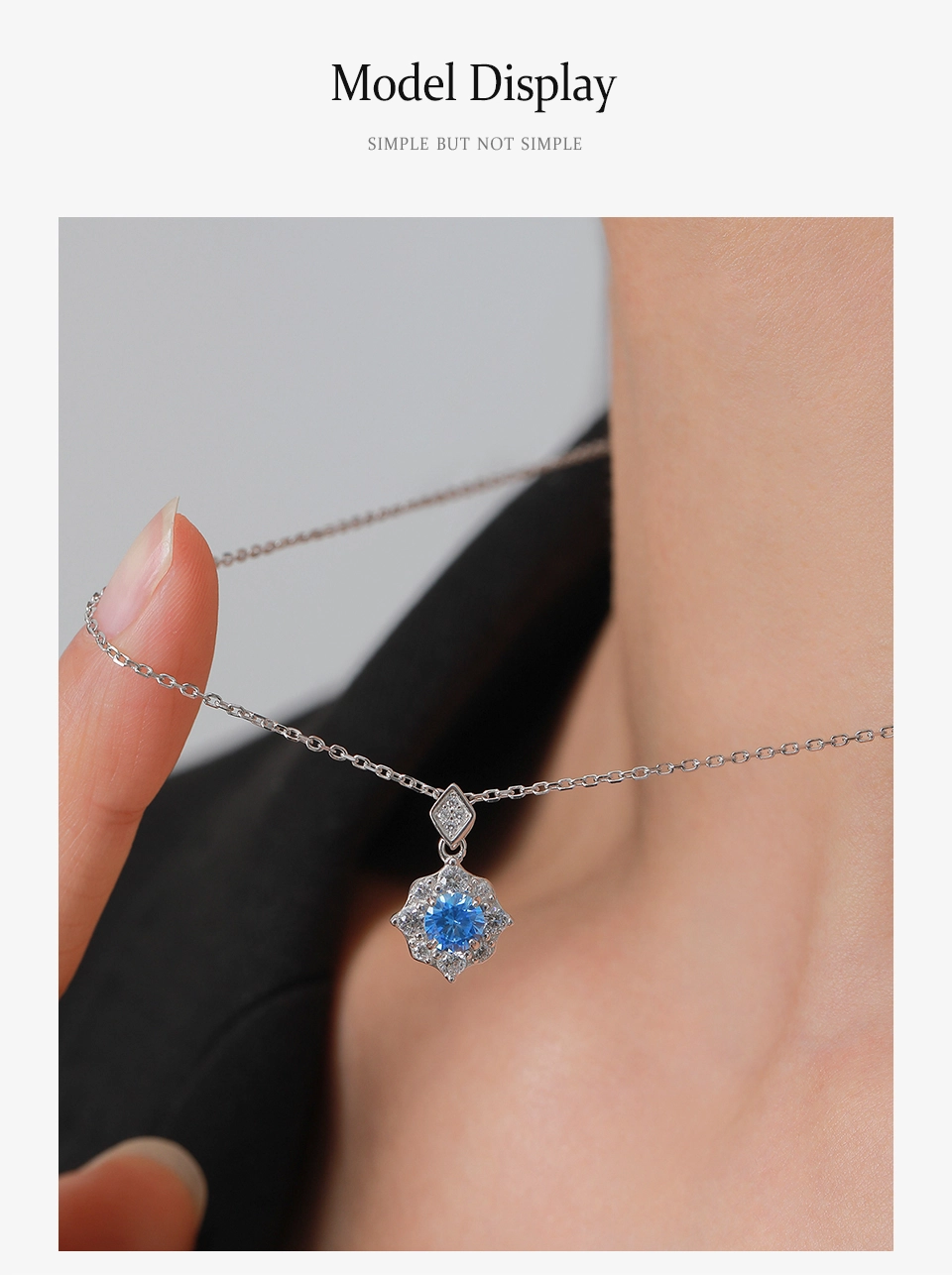 Sea Blue Zircon Flower Pendant Necklace Sterling Silver
