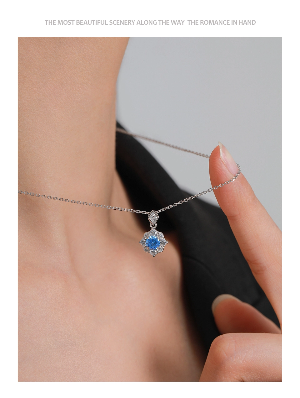 Sea Blue Zircon Flower Pendant Necklace Sterling Silver