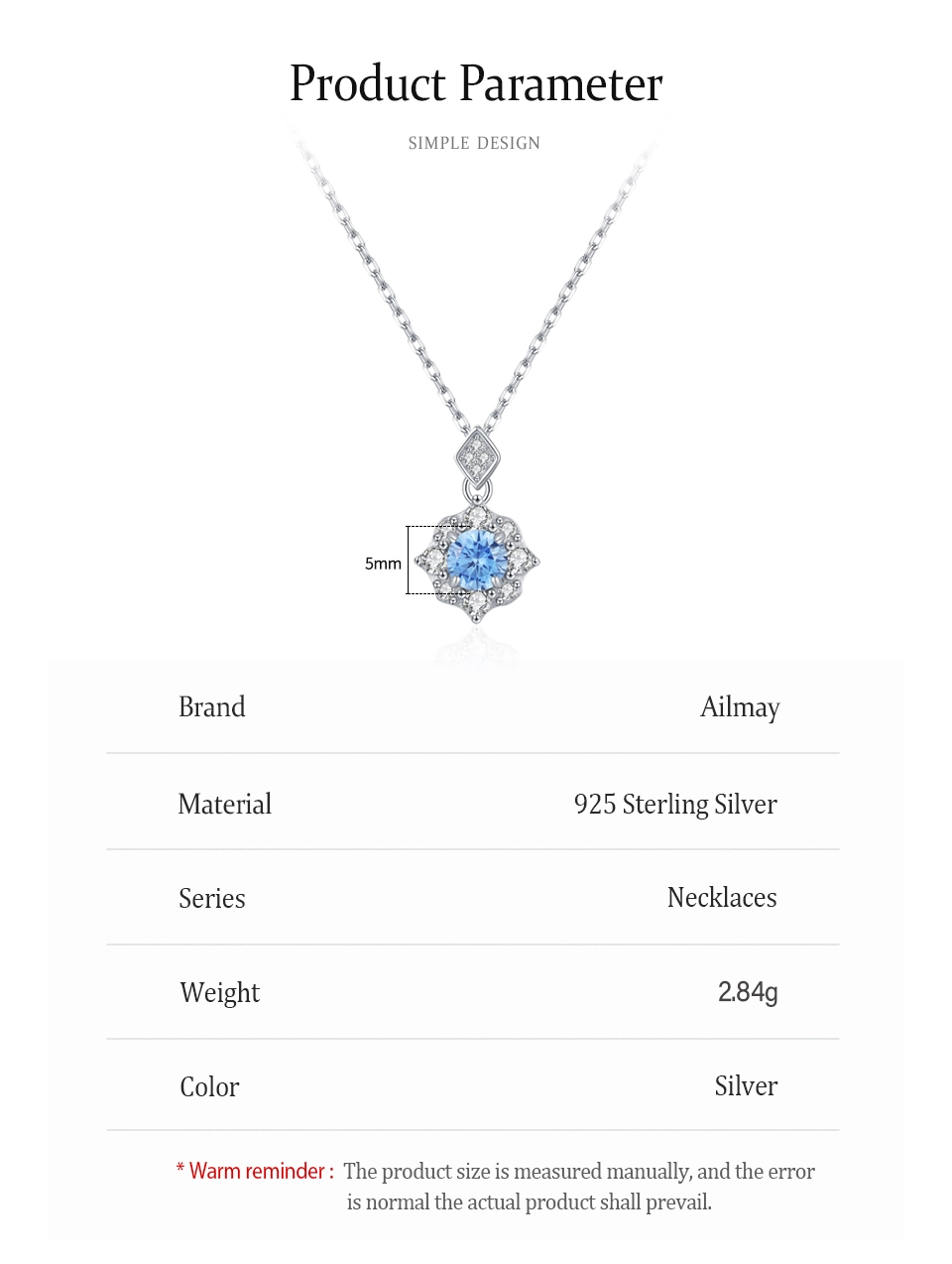 Sea Blue Zircon Flower Pendant Necklace Sterling Silver