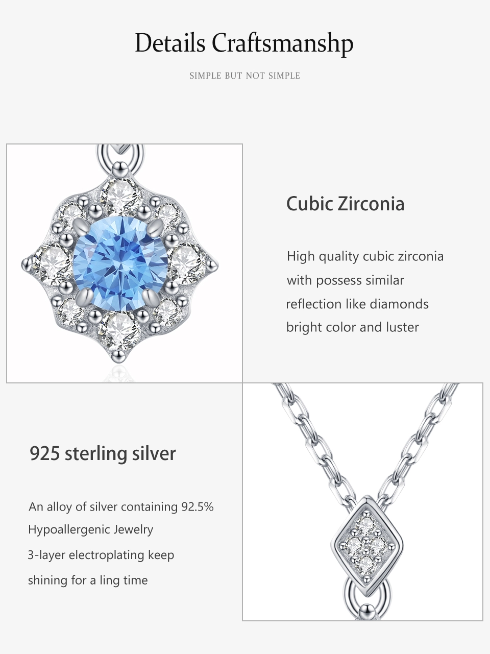 Sea Blue Zircon Flower Pendant Necklace Sterling Silver