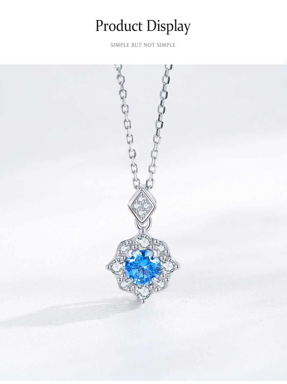 Sea Blue Zircon Flower Pendant Necklace Sterling Silver