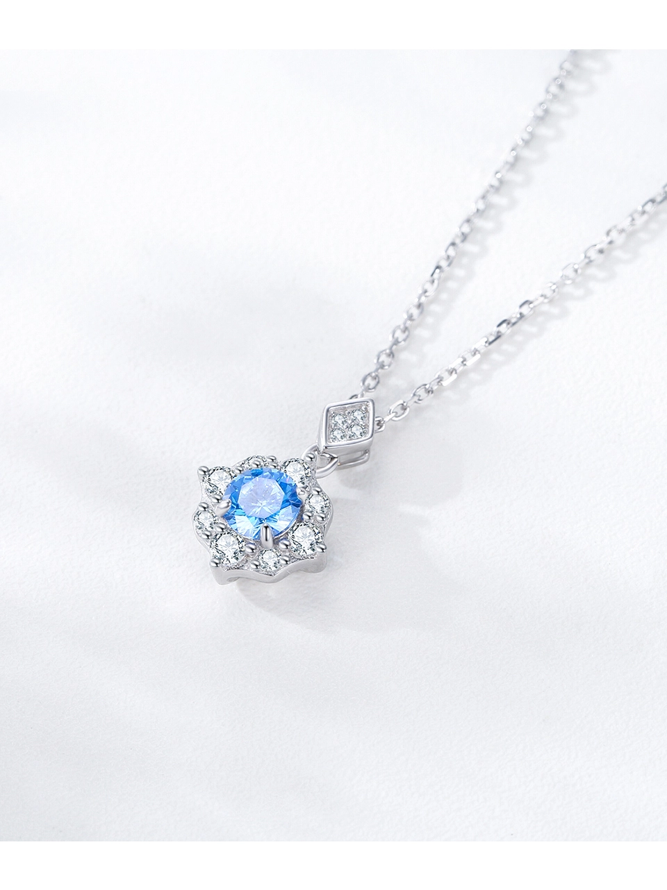 Sea Blue Zircon Flower Pendant Necklace Sterling Silver