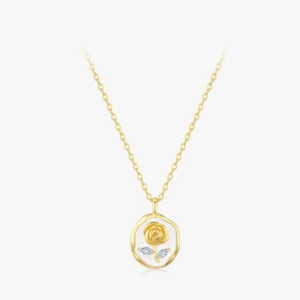 Romantic Roses Flower Enamel Pendant Necklace Gold Plated