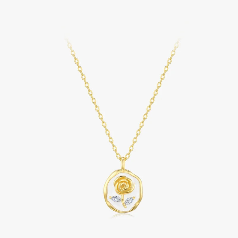 Romantic Roses Flower Enamel Pendant Necklace Gold Plated