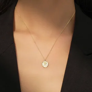 Romantic Roses Flower Enamel Pendant Necklace Gold Plated