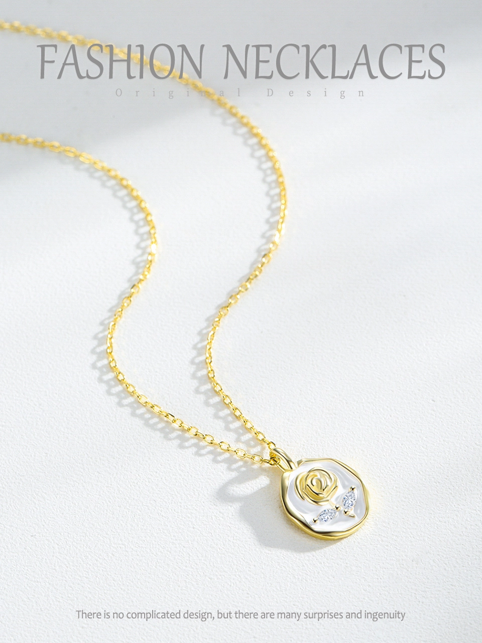 Romantic Roses Flower Enamel Pendant Necklace Gold Plated