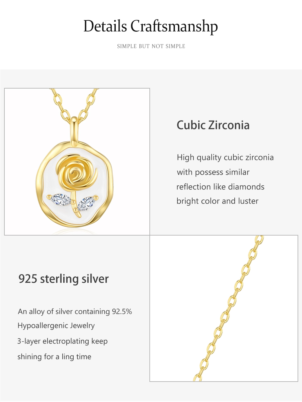 Romantic Roses Flower Enamel Pendant Necklace Gold Plated