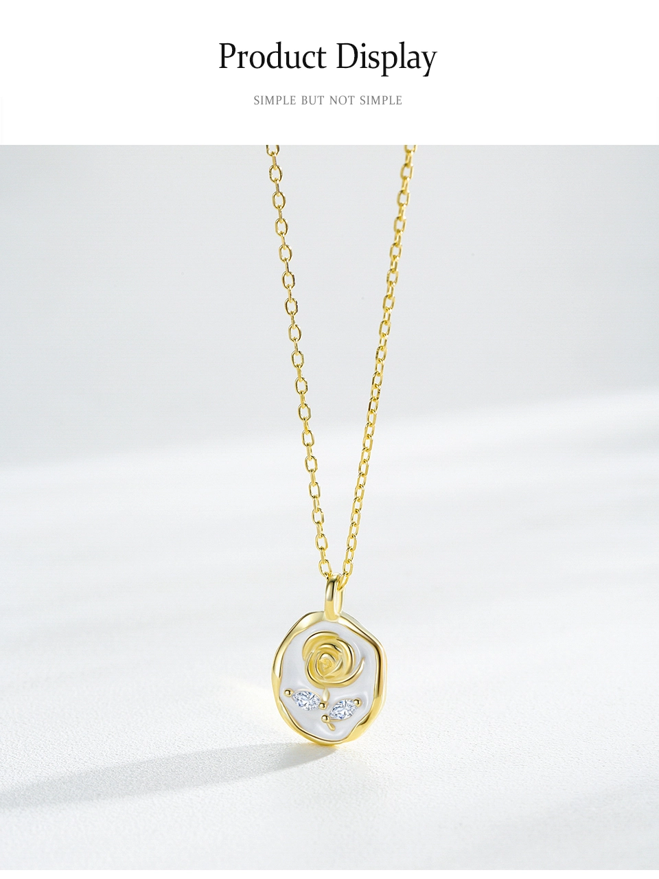 Romantic Roses Flower Enamel Pendant Necklace Gold Plated
