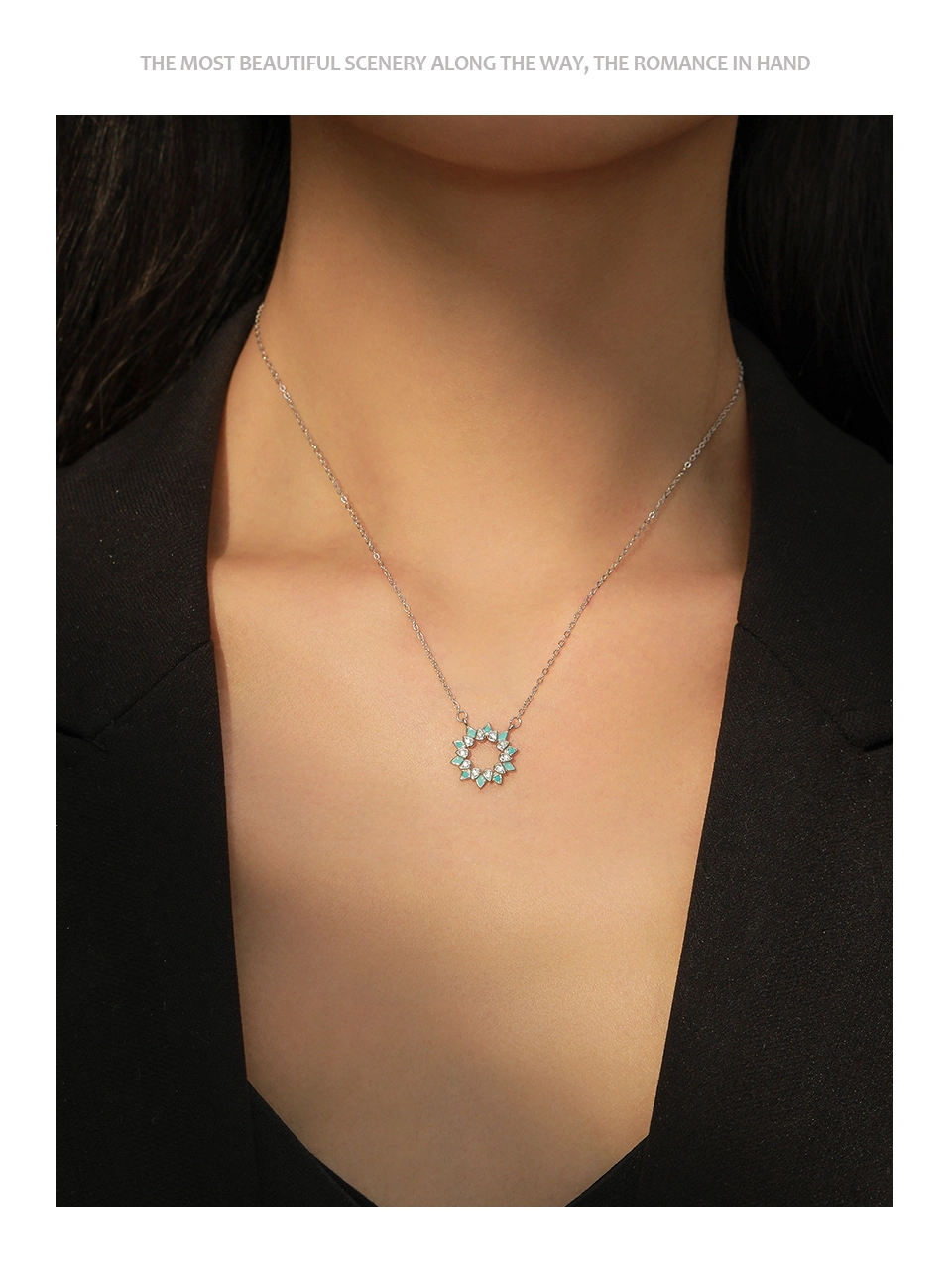 Sunflower Enamel Pendant Necklace Sterling Silver