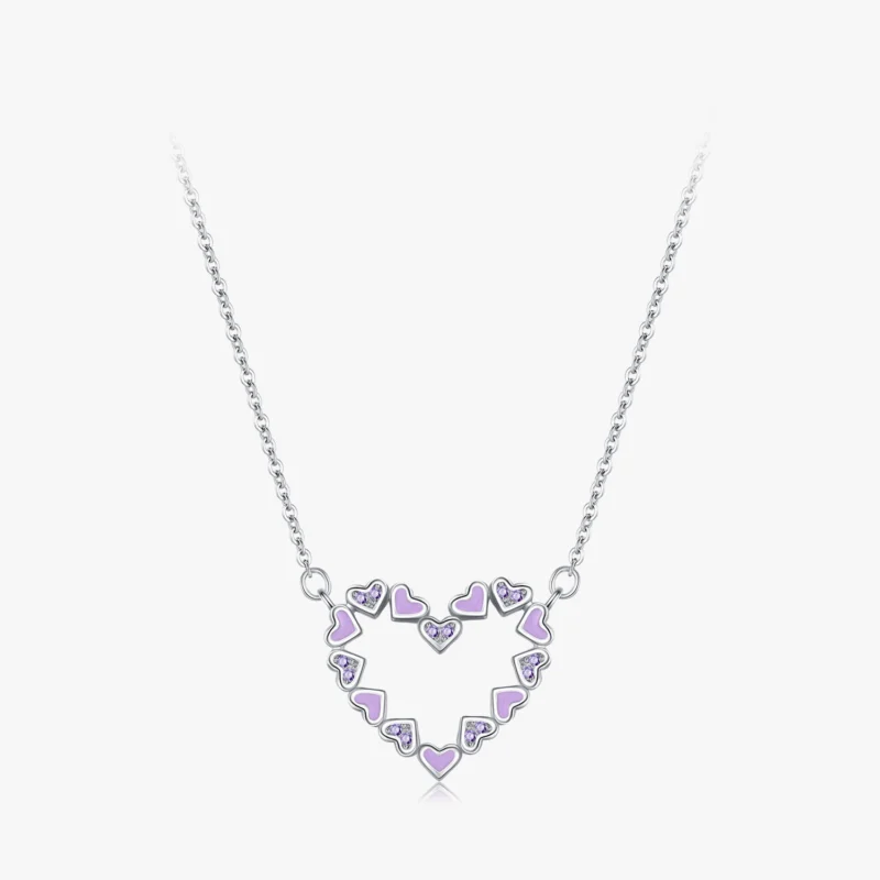 Heart Enamel Pendant Necklace Purple CZ Sterling Silver