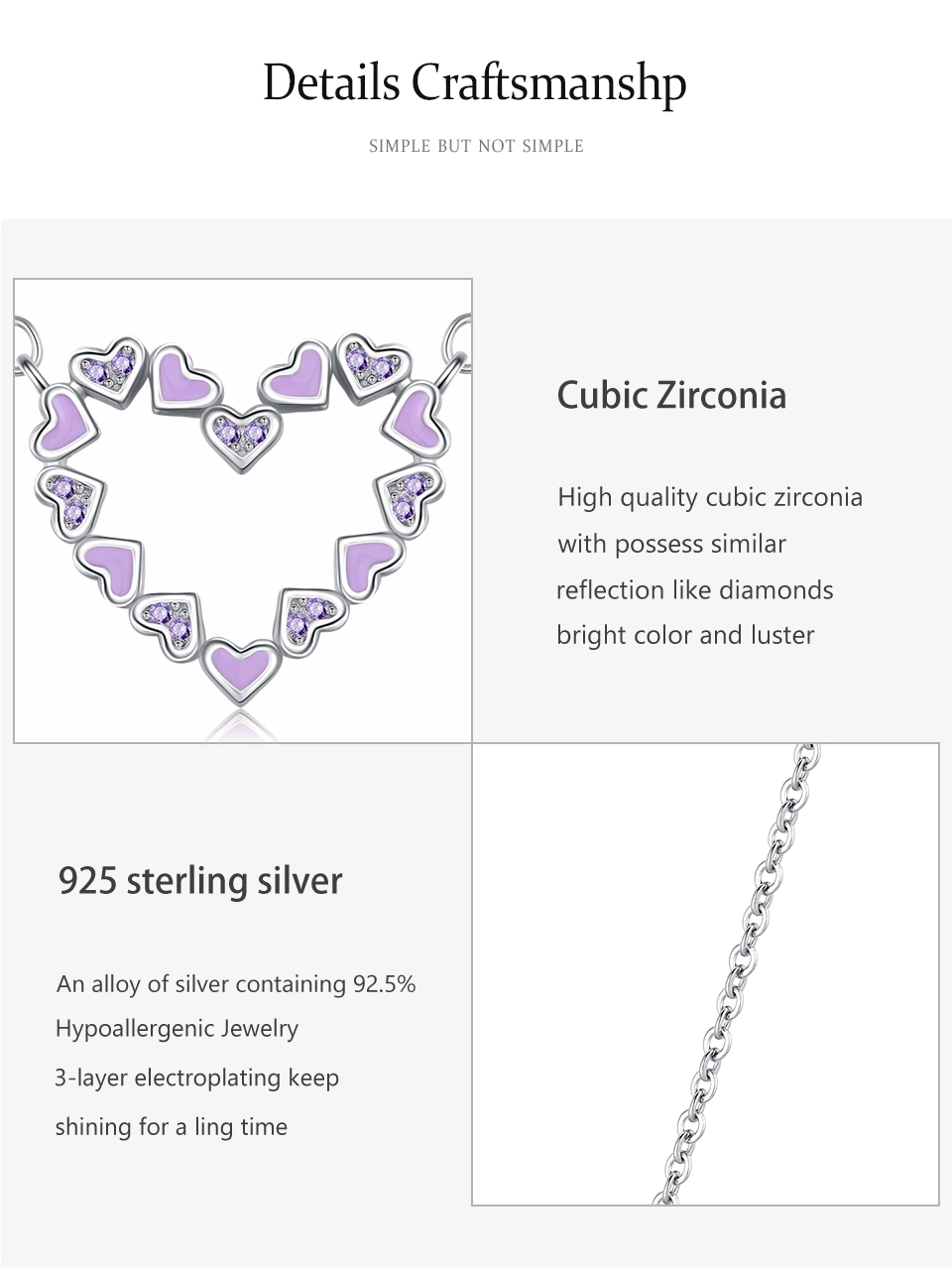 Heart Enamel Pendant Necklace Purple CZ Sterling Silver