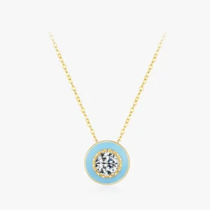 Round Blue Enamel Pendant Zirconia Necklace Gold Plated