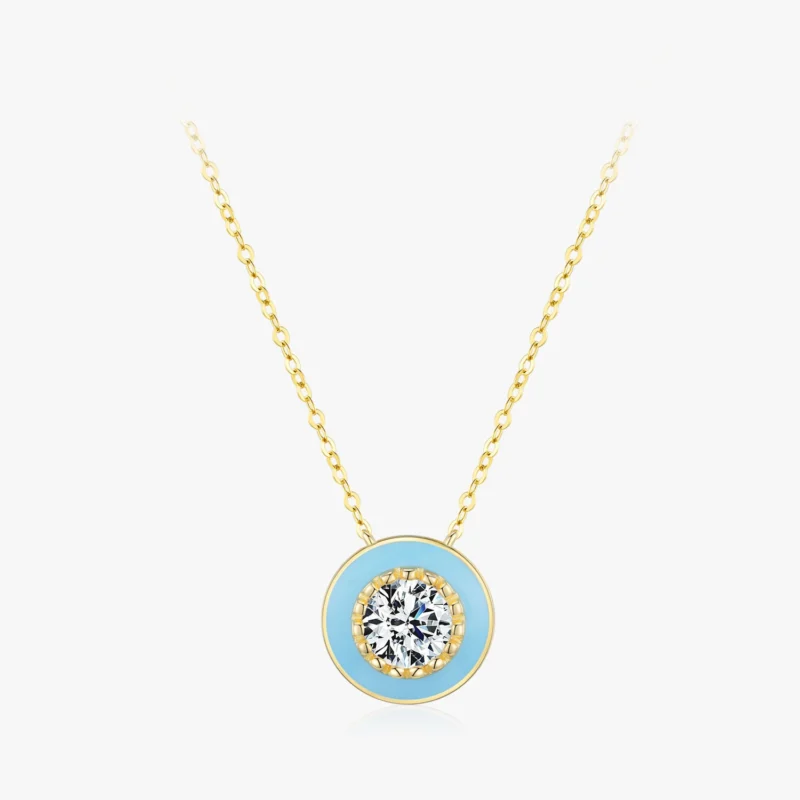 Round Blue Enamel Pendant Zirconia Necklace Gold Plated