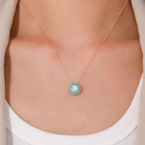 Round Blue Enamel Pendant Zirconia Necklace Gold Plated