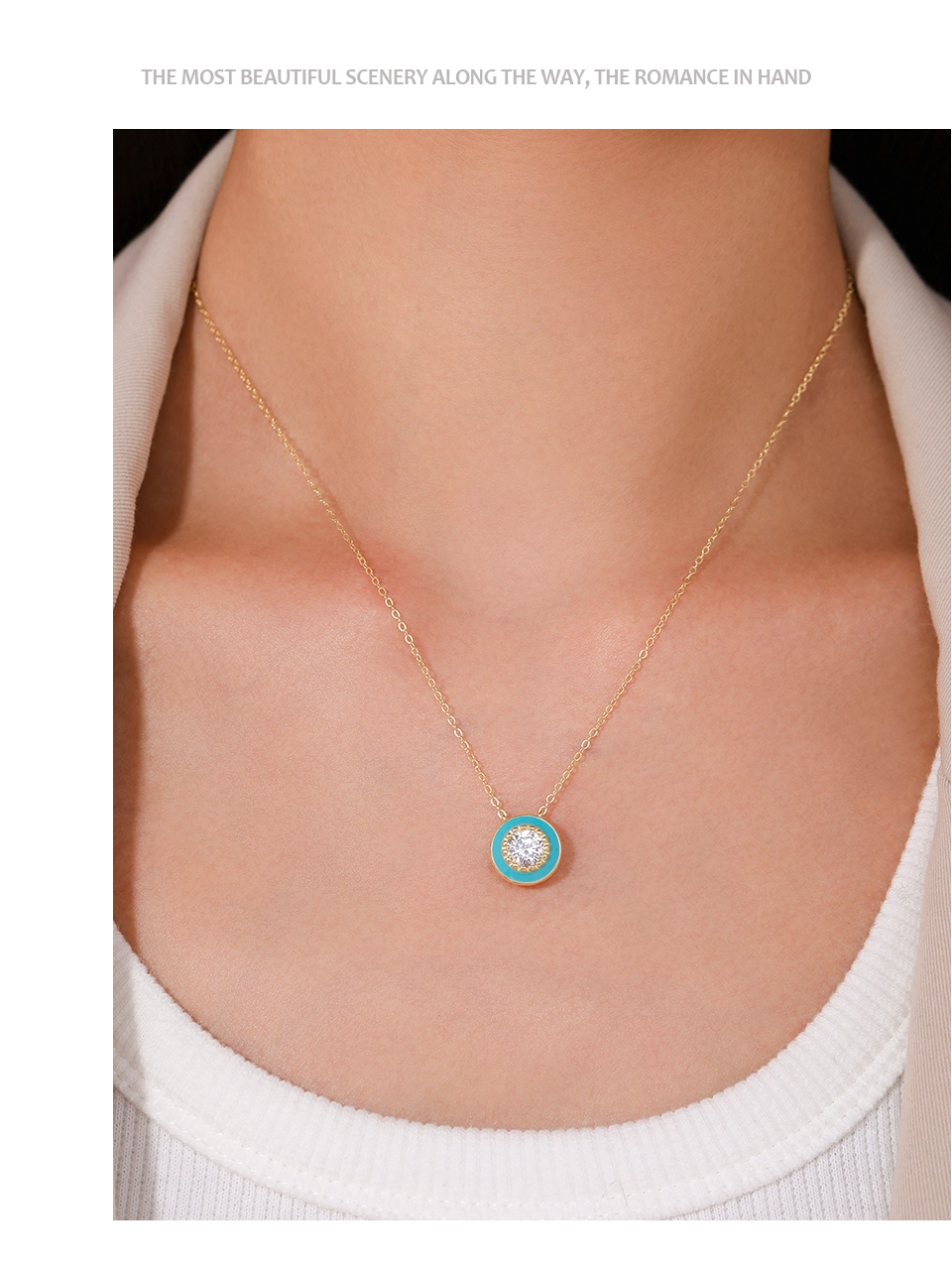 Round Blue Enamel Pendant Zirconia Necklace Gold Plated
