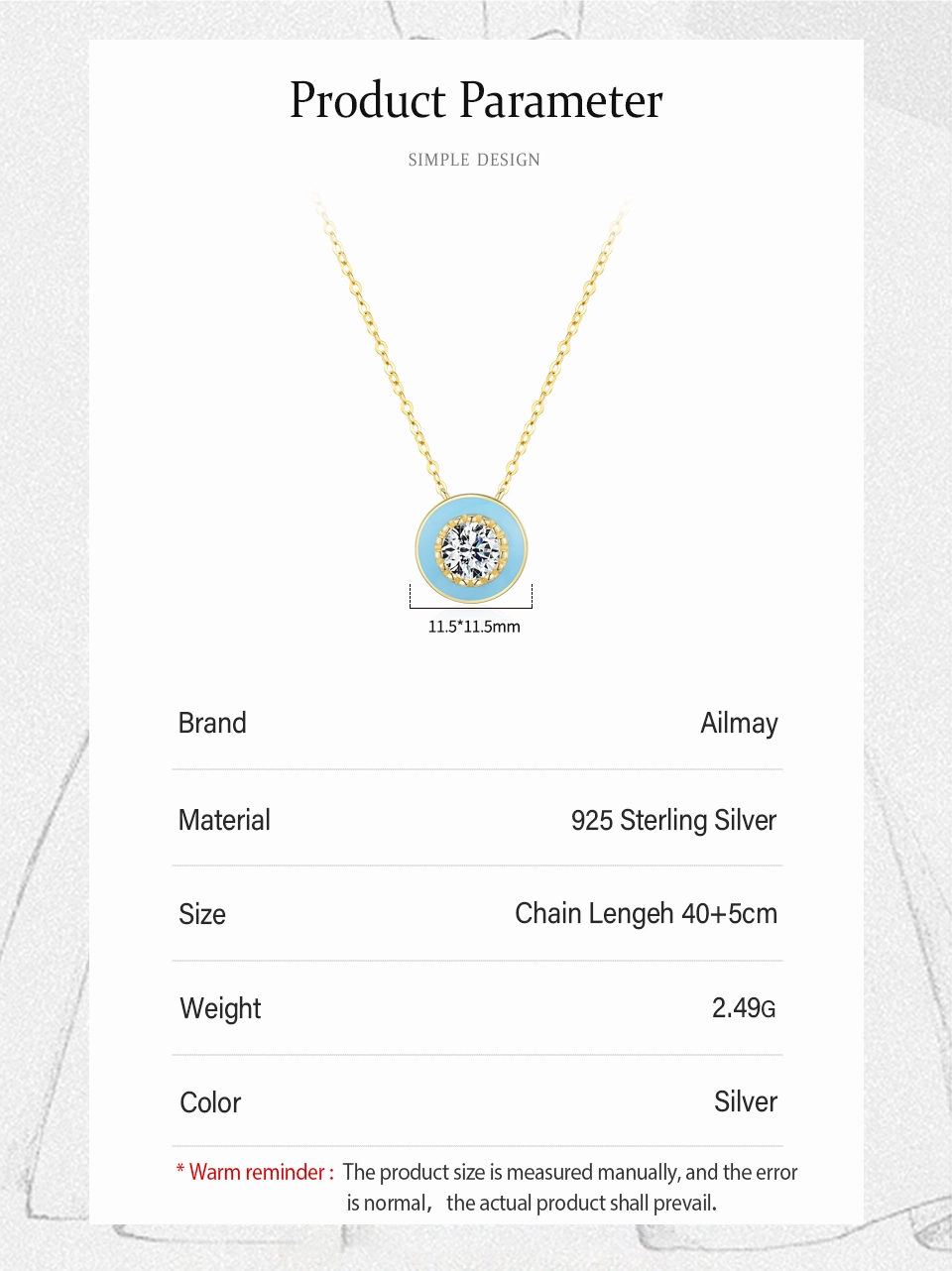 Round Blue Enamel Pendant Zirconia Necklace Gold Plated